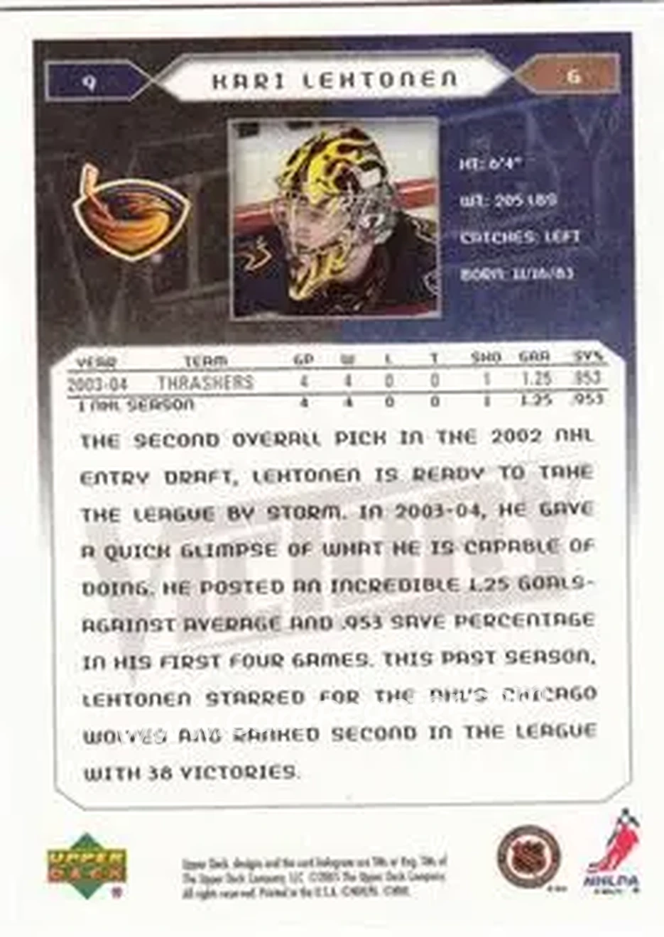 2005-06 Upper Deck Victory #9 - Kari Lehtonen - Atlanta Thrashers - Back 2005-06 Upper Deck Victory #9 - Kari Lehtonen - Atlanta Thrashers - Back