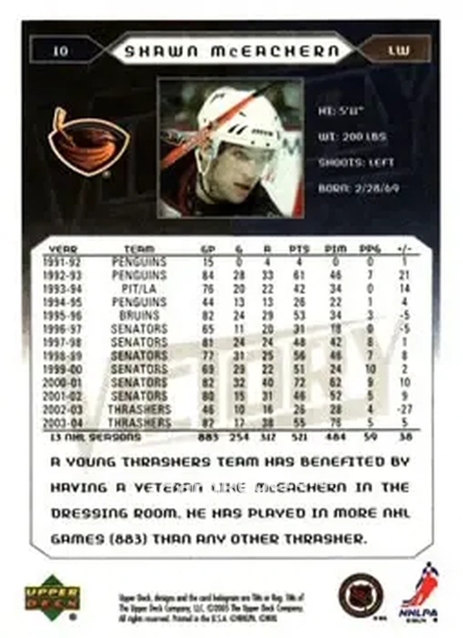 2005-06 Upper Deck Victory #10 - Shawn McEachern - Atlanta Thrashers - Back