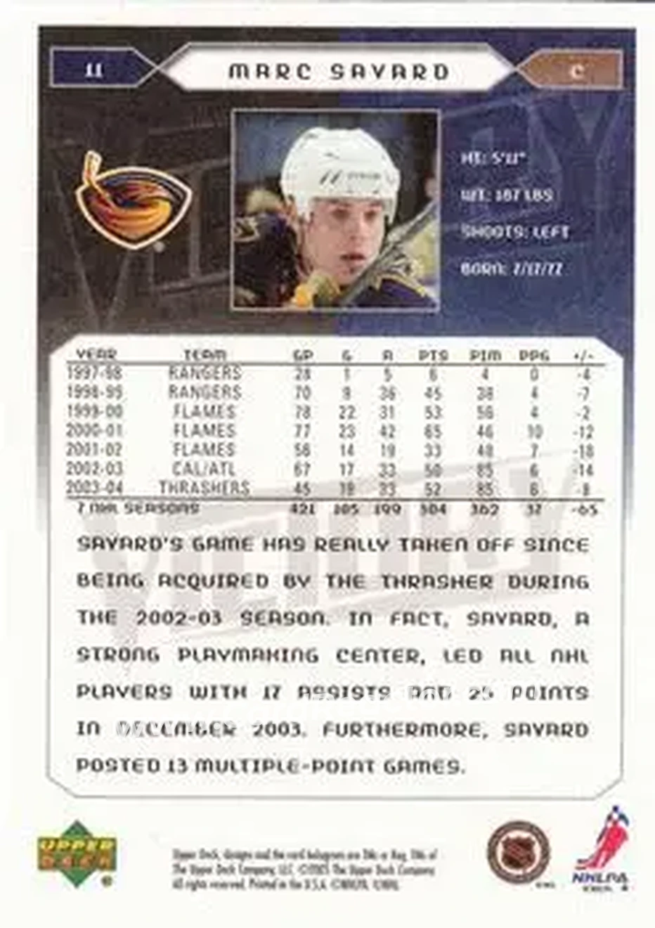 2005-06 Upper Deck Victory #11 - Marc Savard - Atlanta Thrashers - Back