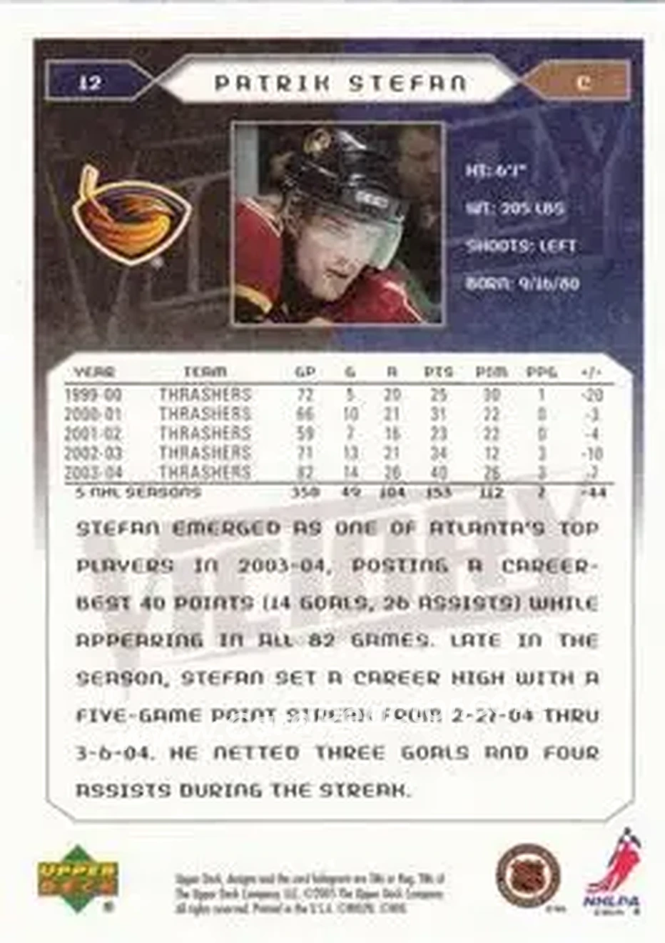 2005-06 Upper Deck Victory #12 - Patrik Stefan - Atlanta Thrashers - Back 2005-06 Upper Deck Victory #12 - Patrik Stefan - Atlanta Thrashers - Back