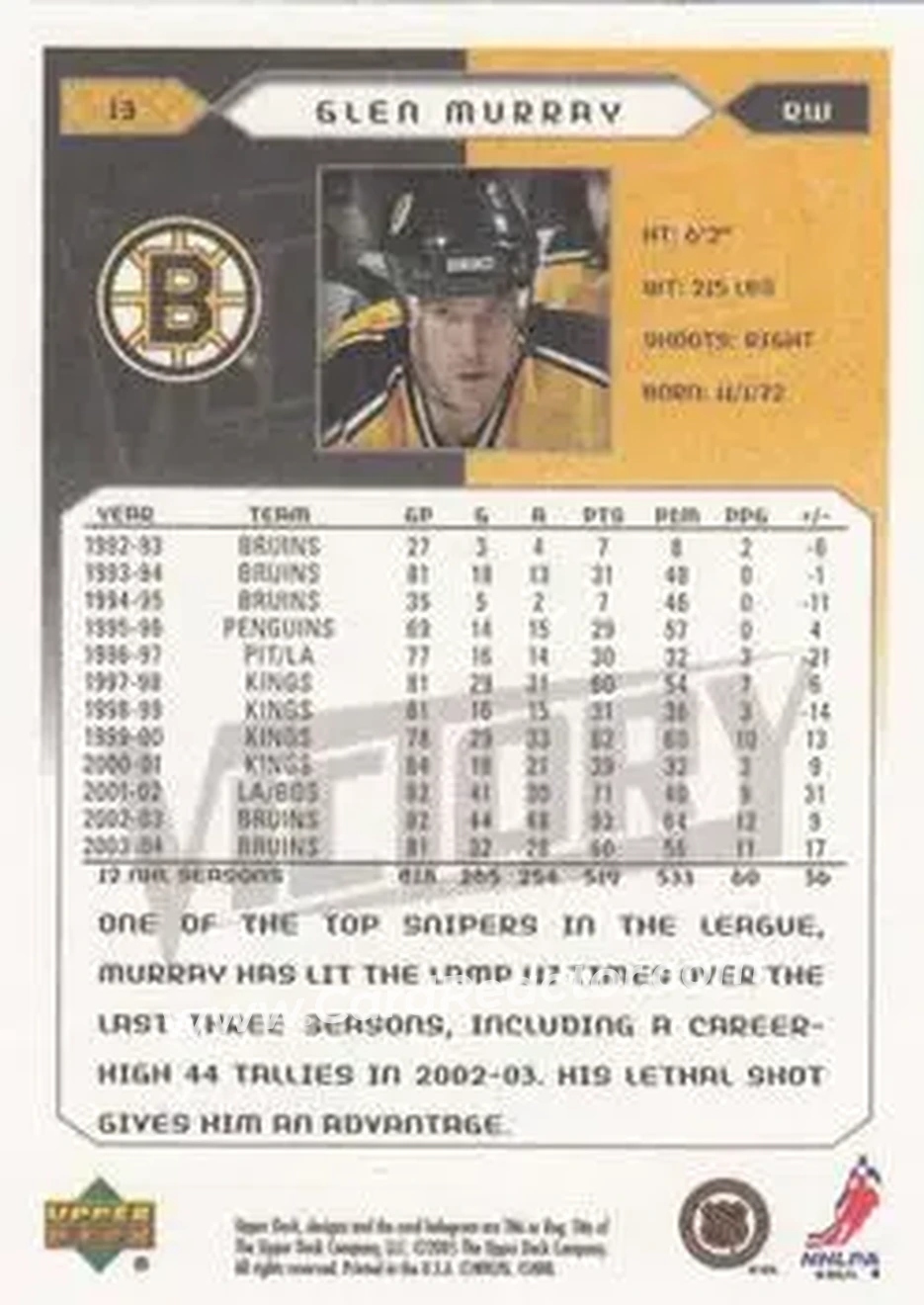 2005-06 Upper Deck Victory #13 - Glen Murray - Boston Bruins - Back