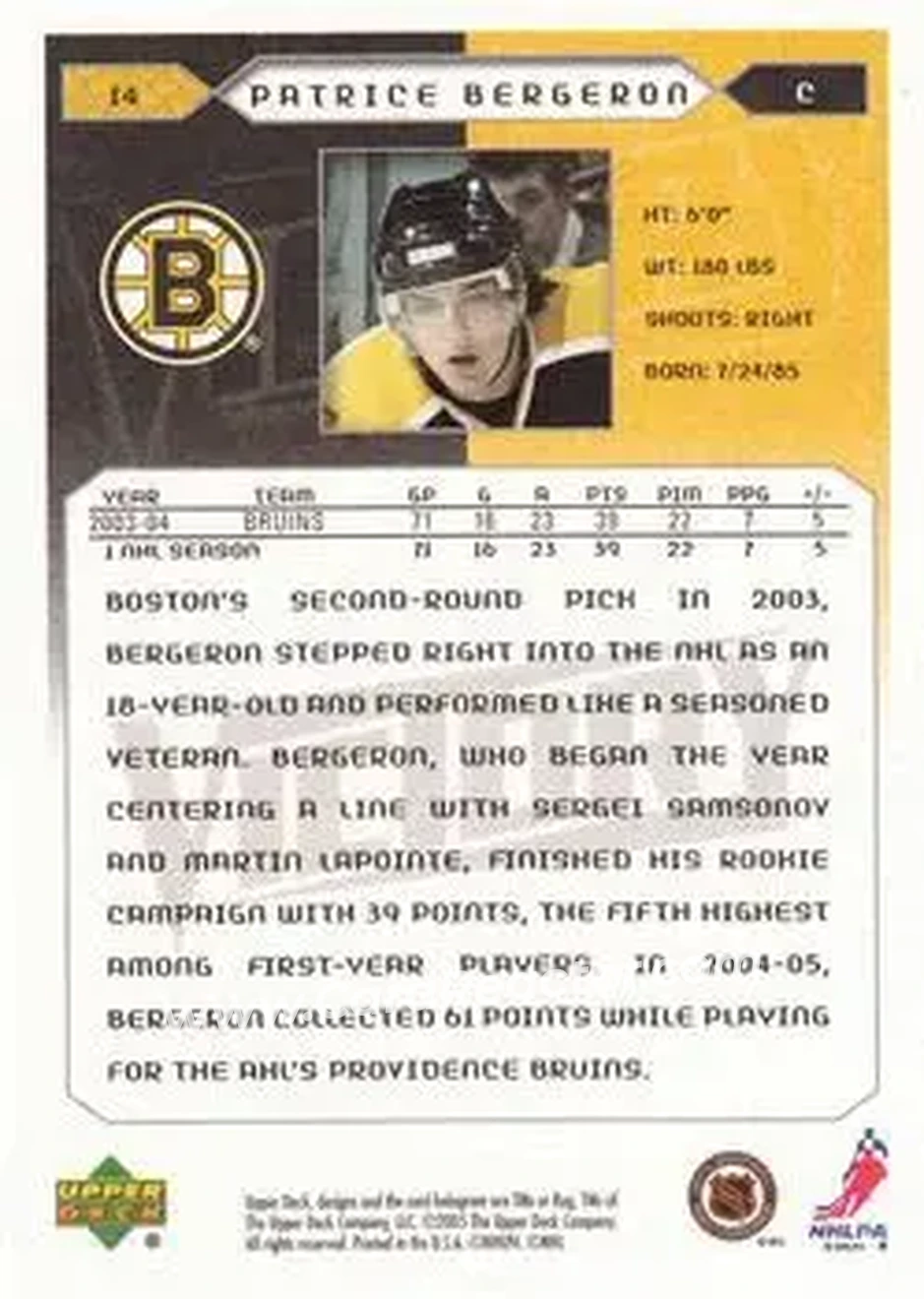 2005-06 Upper Deck Victory #14 - Patrice Bergeron - Boston Bruins - Back