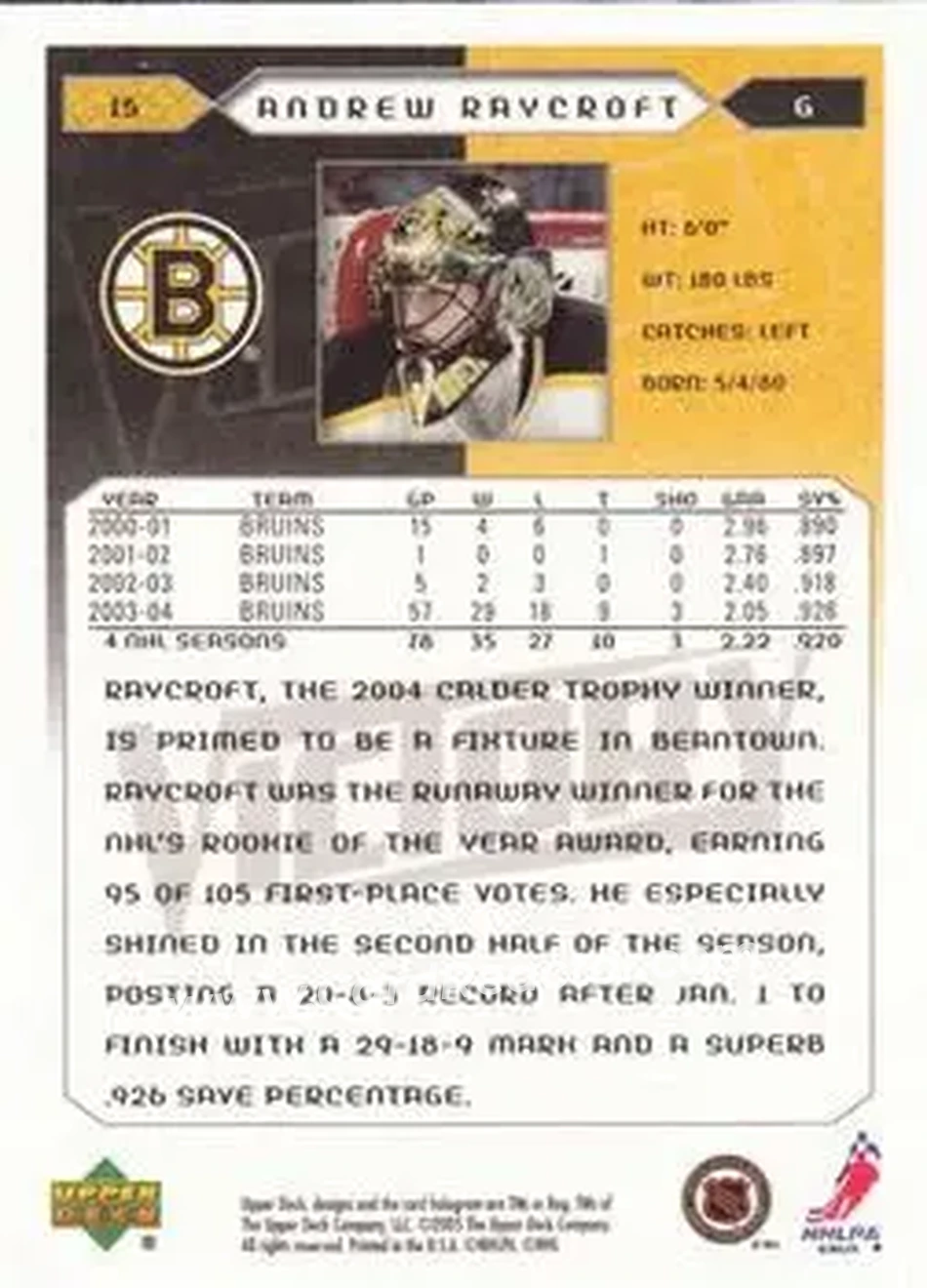 2005-06 Upper Deck Victory #15 - Andrew Raycroft - Boston Bruins - Back