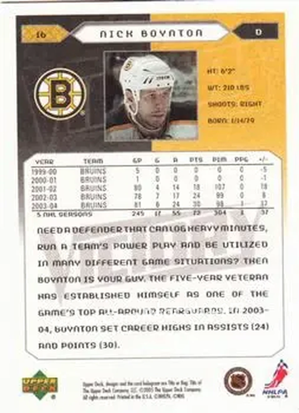 2005-06 Upper Deck Victory #16 - Nick Boynton - Boston Bruins - Back