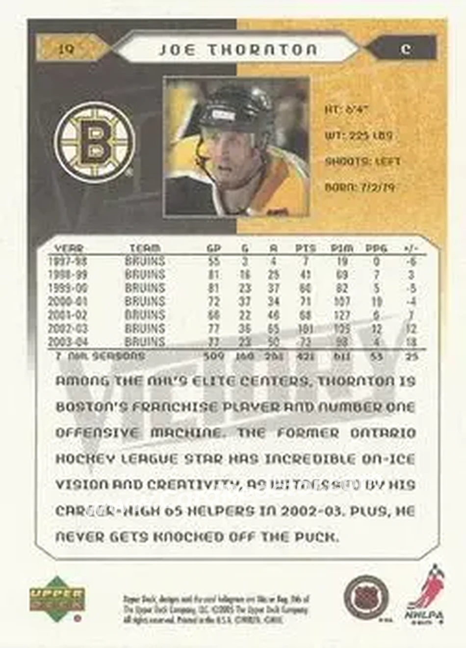 2005-06 Upper Deck Victory #19 - Joe Thornton - Boston Bruins - Back