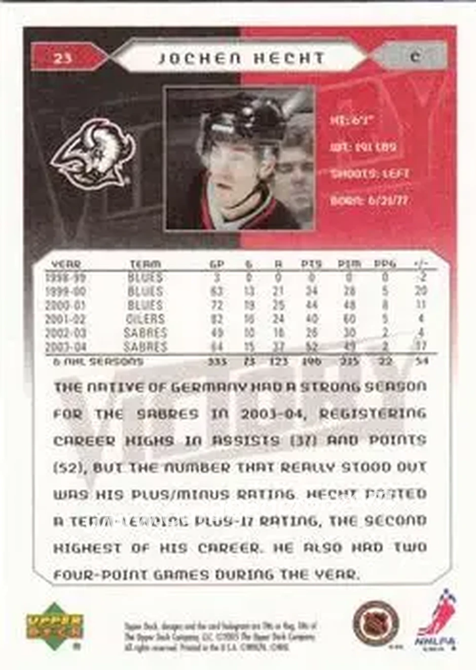 2005-06 Upper Deck Victory #23 - Jochen Hecht - Buffalo Sabres - Back 2005-06 Upper Deck Victory #23 - Jochen Hecht - Buffalo Sabres - Back