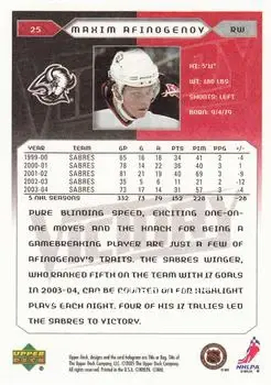 2005-06 Upper Deck Victory #25 - Maxim Afinogenov - Buffalo Sabres - Back
