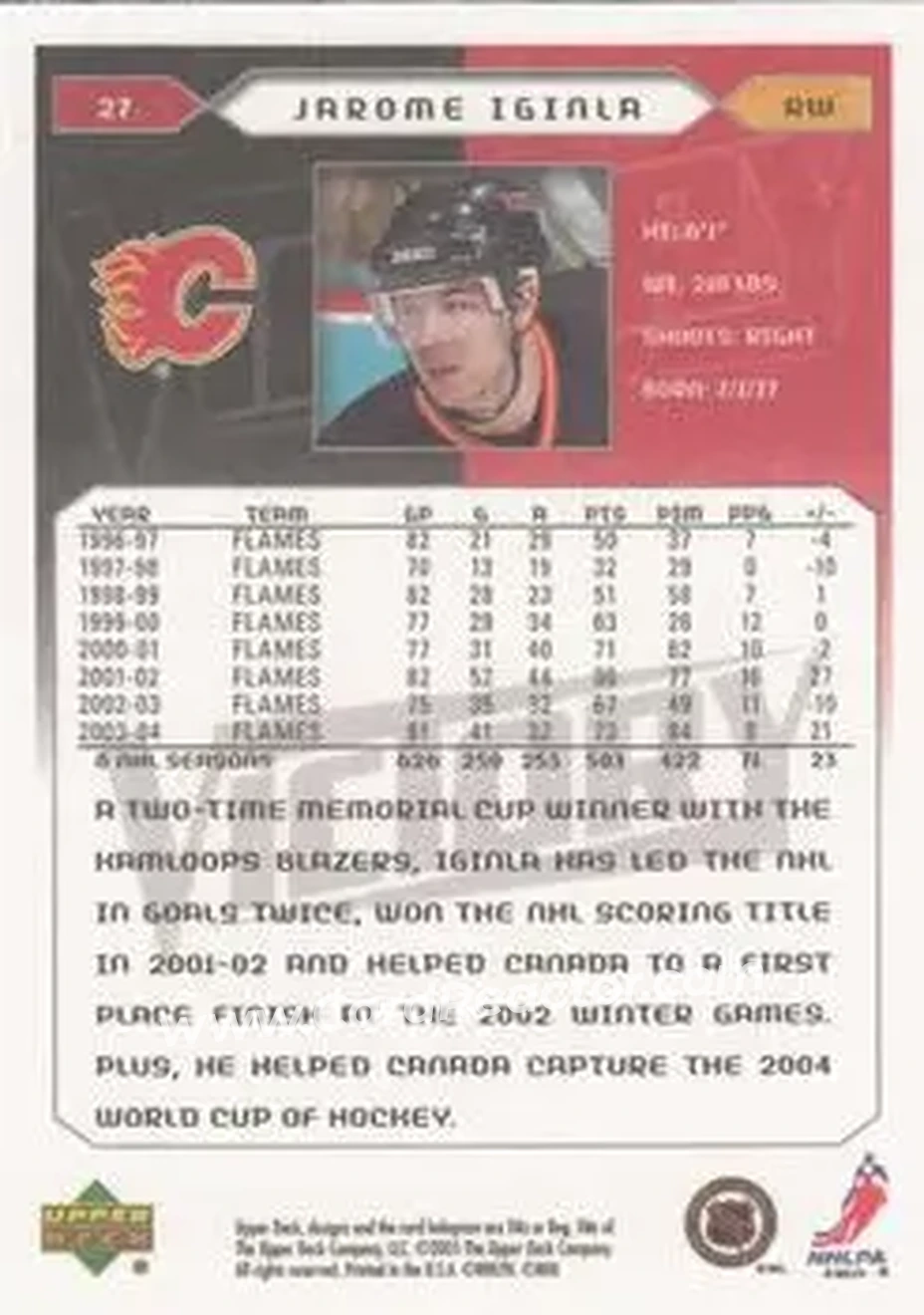 2005-06 Upper Deck Victory #27 - Jarome Iginla - Calgary Flames - Back