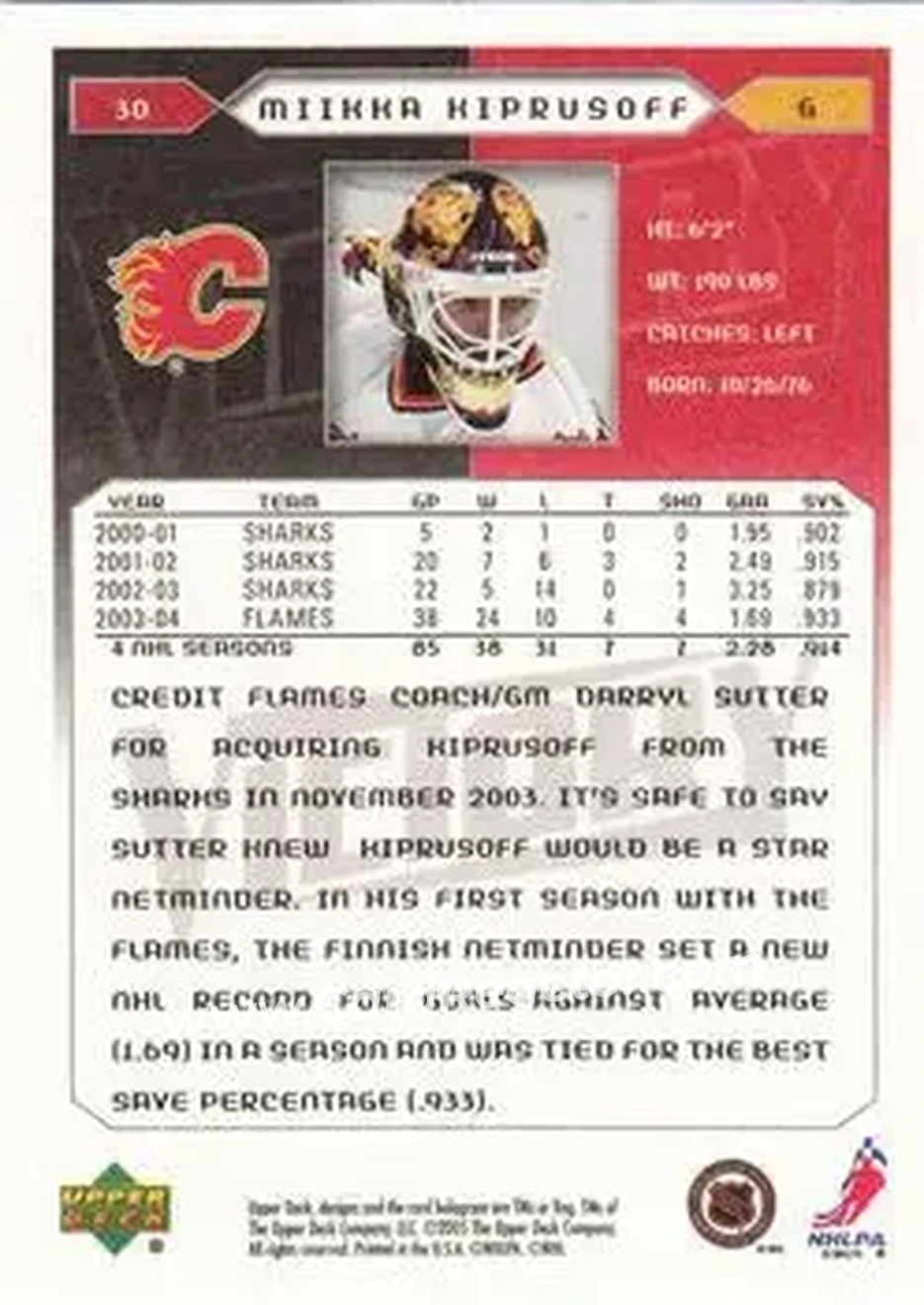 2005-06 Upper Deck Victory #30 - Miikka Kiprusoff - Calgary Flames - Back 2005-06 Upper Deck Victory #30 - Miikka Kiprusoff - Calgary Flames - Back