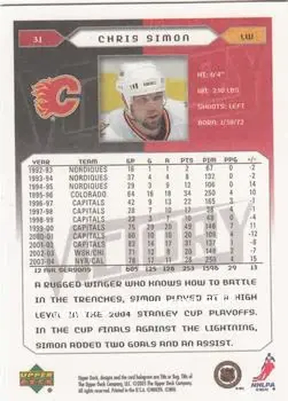 2005-06 Upper Deck Victory #31 - Chris Simon - Calgary Flames - Back 2005-06 Upper Deck Victory #31 - Chris Simon - Calgary Flames - Back