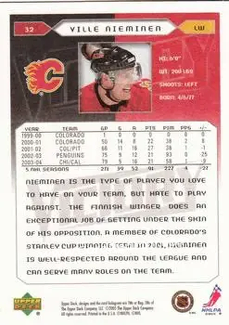 2005-06 Upper Deck Victory #32 - Ville Nieminen - Calgary Flames - Back