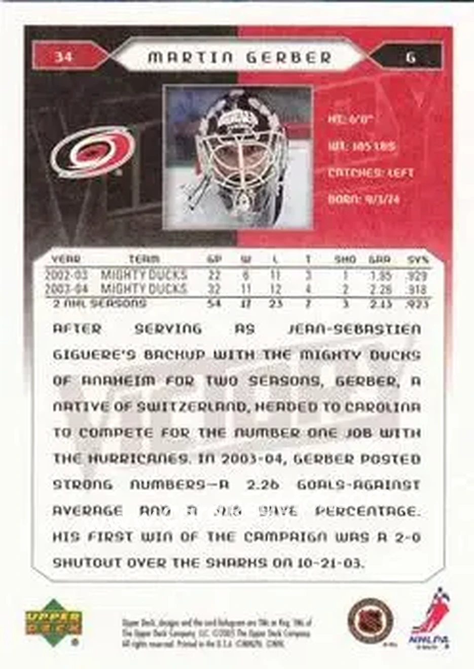 2005-06 Upper Deck Victory #34 - Martin Gerber - Carolina Hurricanes - Back