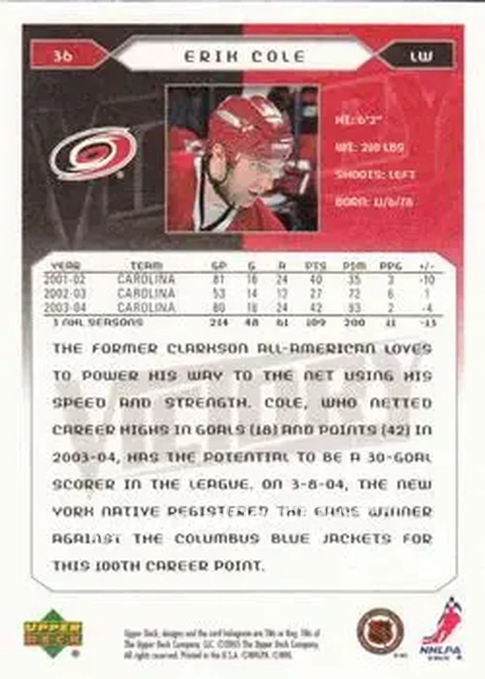 2005-06 Upper Deck Victory #36 - Erik Cole - Carolina Hurricanes - Back