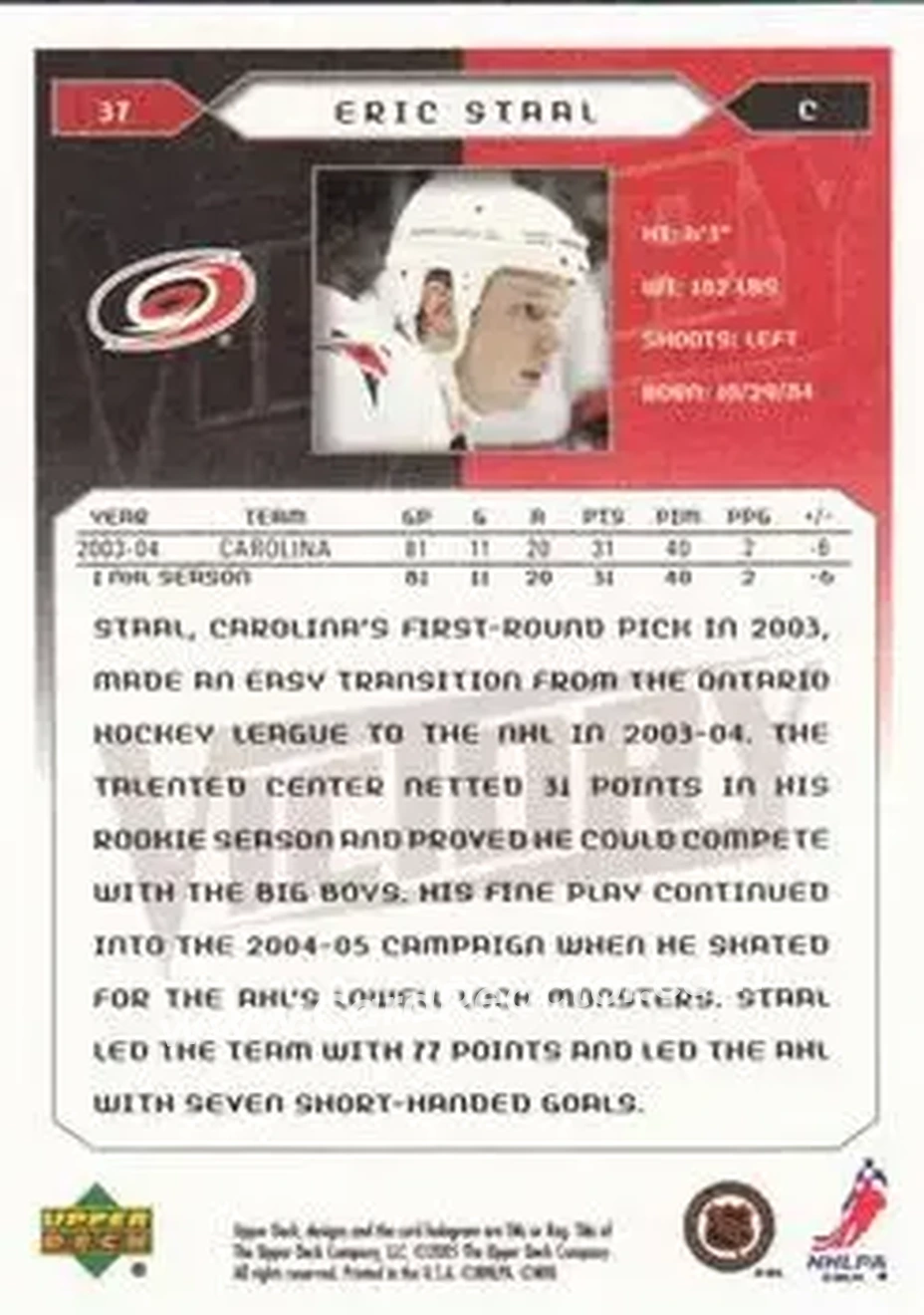 2005-06 Upper Deck Victory #37 - Eric Staal - Carolina Hurricanes - Back