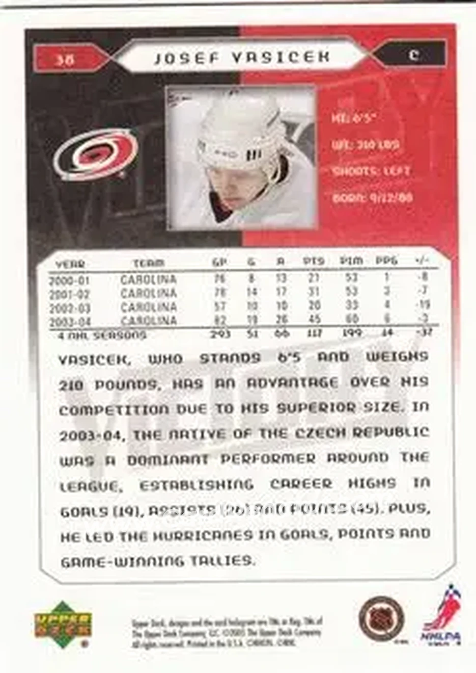 2005-06 Upper Deck Victory #38 - Josef Vasicek - Carolina Hurricanes - Back 2005-06 Upper Deck Victory #38 - Josef Vasicek - Carolina Hurricanes - Back