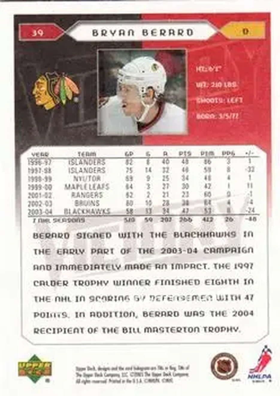 2005-06 Upper Deck Victory #39 - Bryan Berard - Chicago Blackhawks - Back