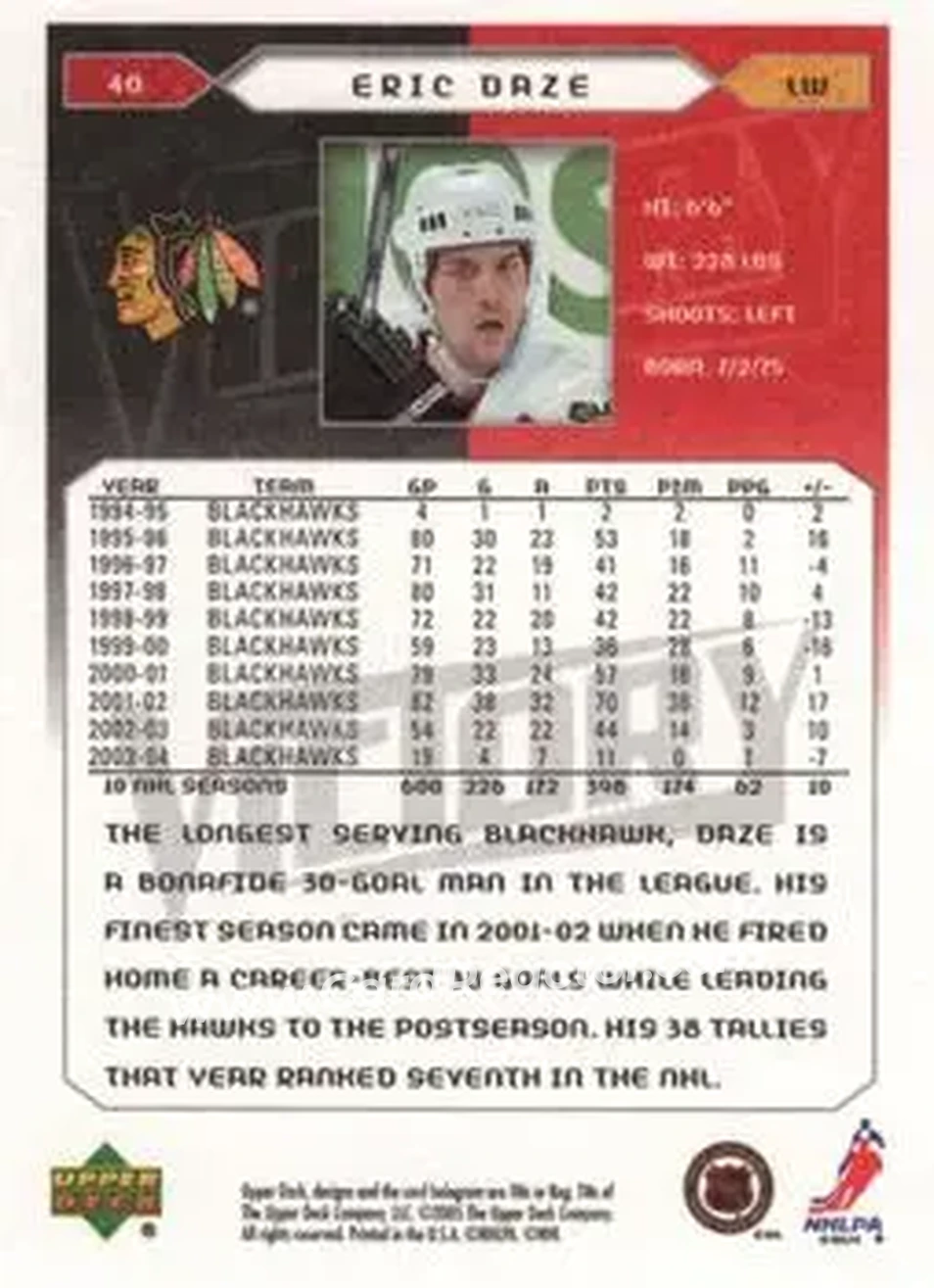 2005-06 Upper Deck Victory #40 - Eric Daze - Chicago Blackhawks - Back