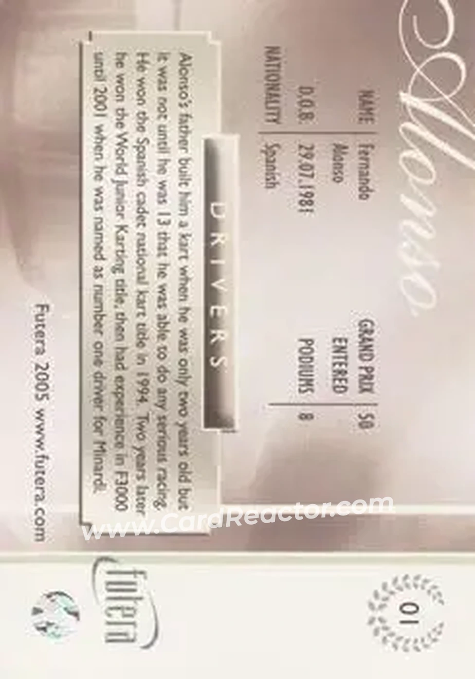 2005 Futera Grand Prix #01 - Fernando Alonso - Renault - Back