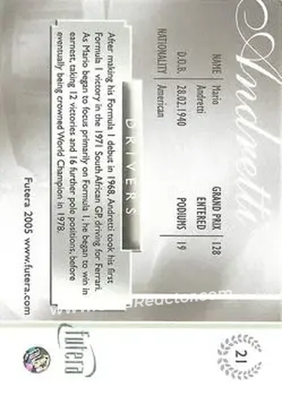 2005 Futera Grand Prix #21 - Mario Andretti - Newman/Haas Racing - Back