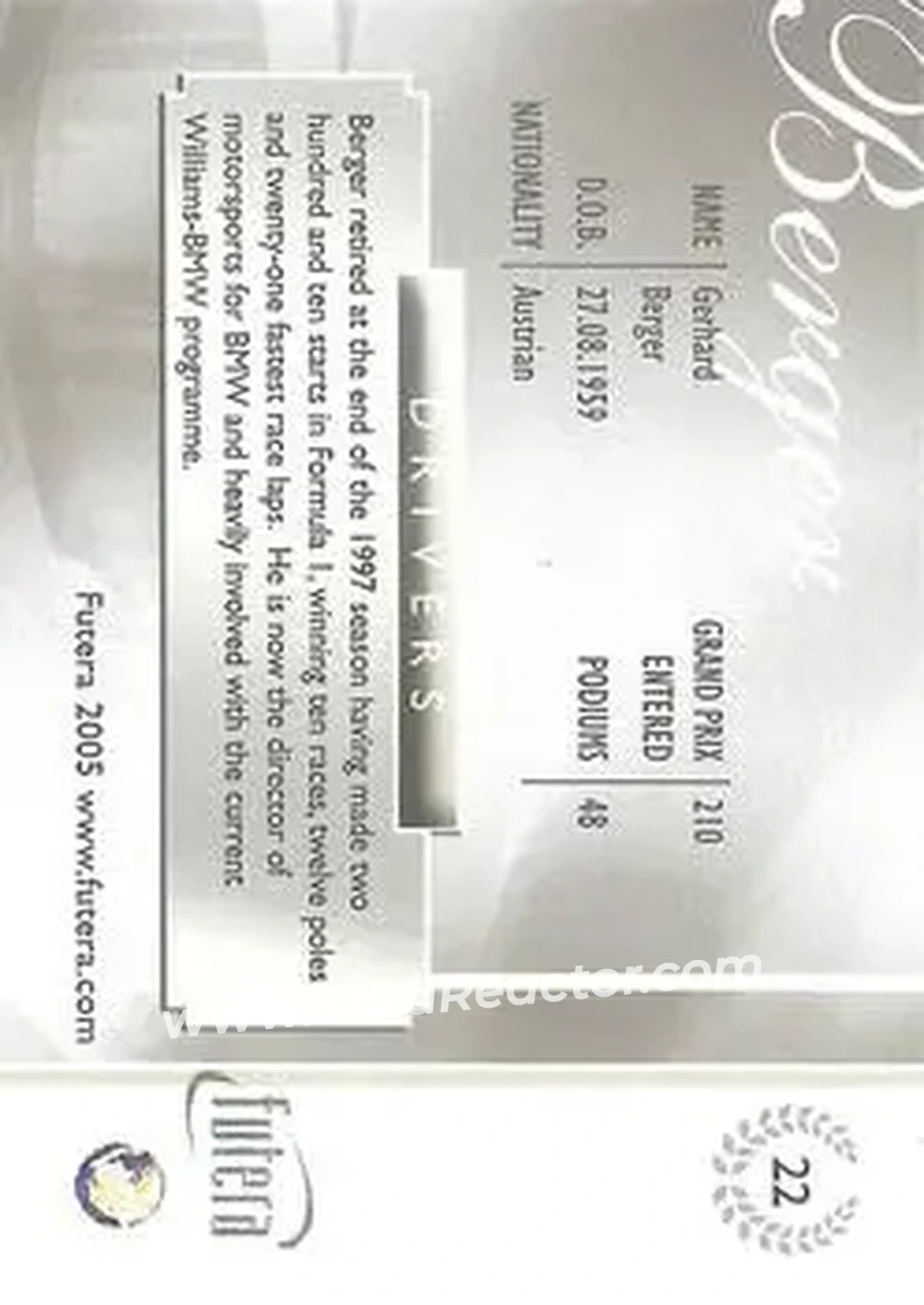 2005 Futera Grand Prix #22 - Gerhard Berger - McLaren - Back