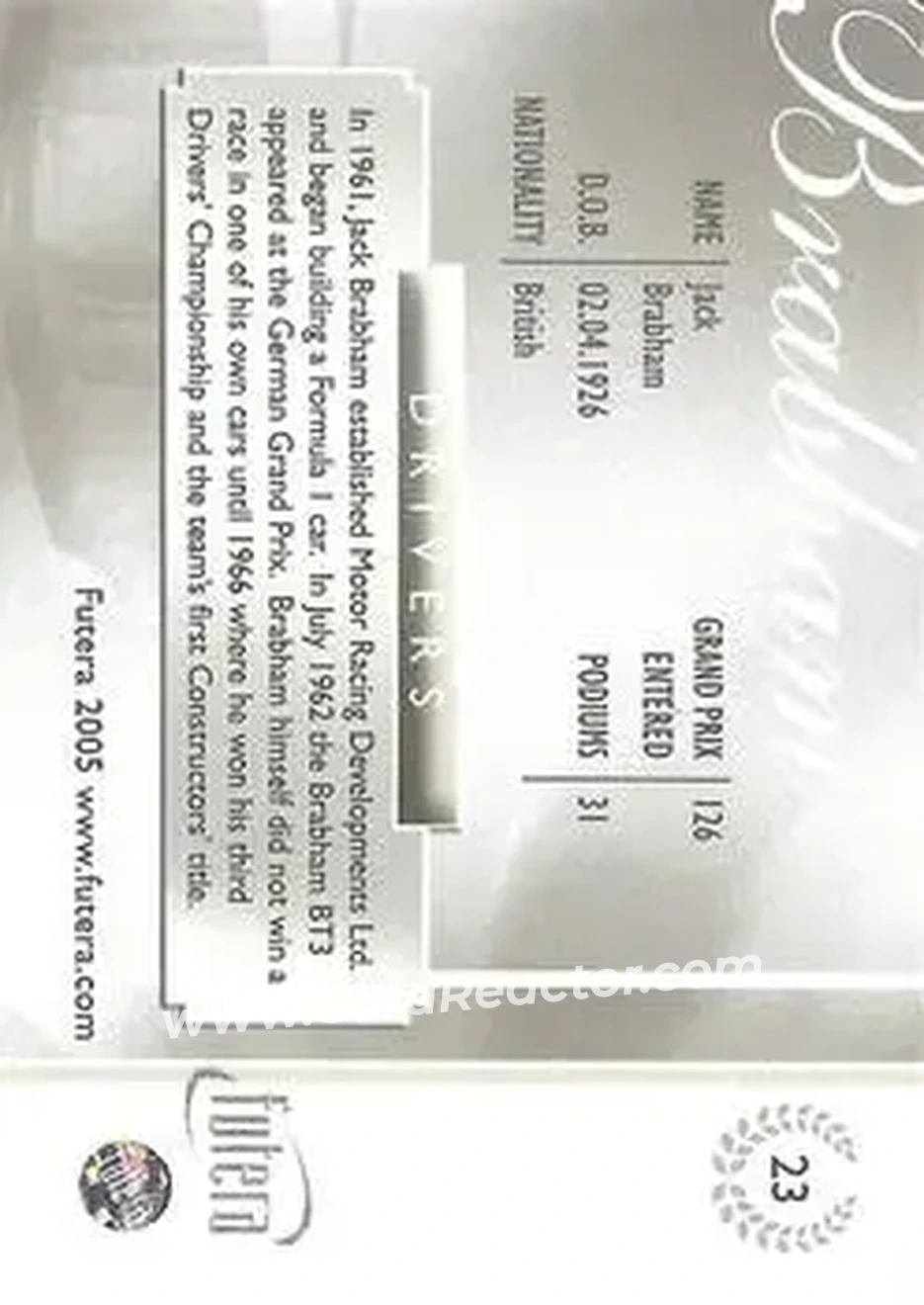 2005 Futera Grand Prix #23 - Jack Brabham - Brabham - Back