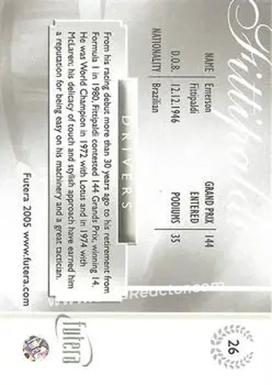 2005 Futera Grand Prix #26 - Emerson Fittipaldi - Back
