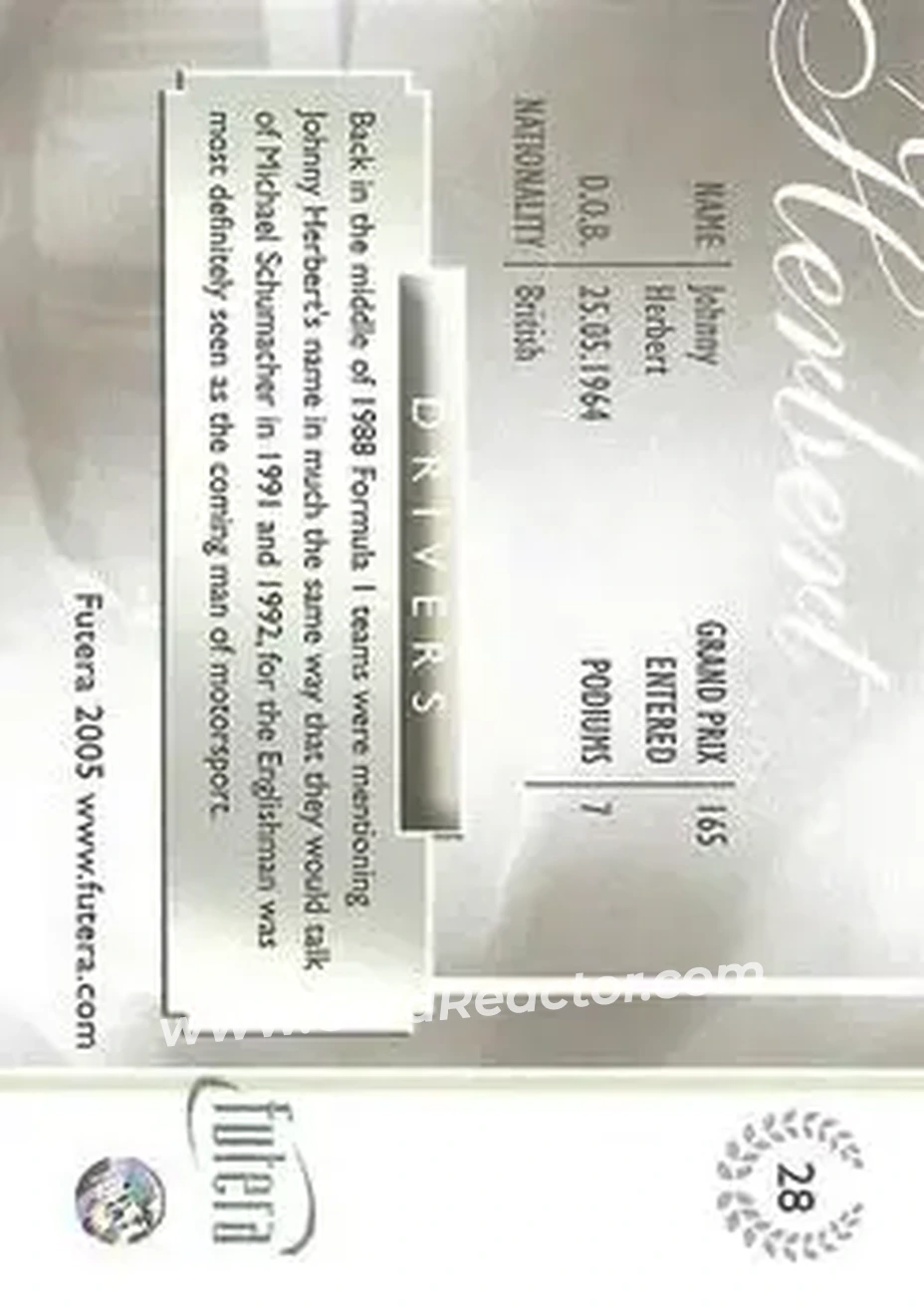 2005 Futera Grand Prix #28 - Johnny Herbert - Jaguar Racing - Back