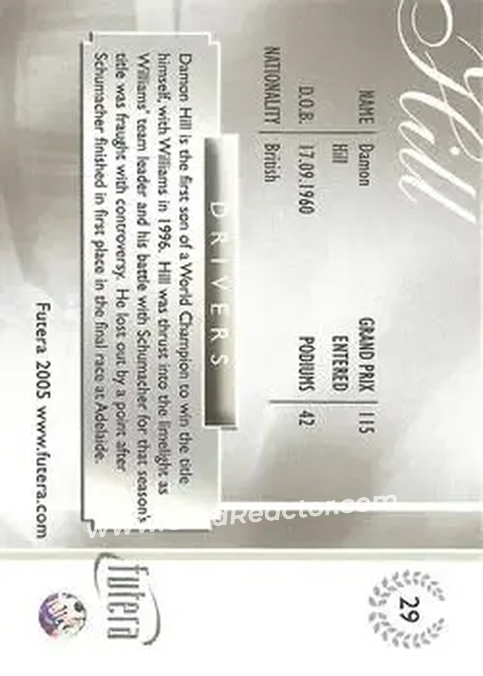 2005 Futera Grand Prix #29 - Damon Hill - Jordan - Back