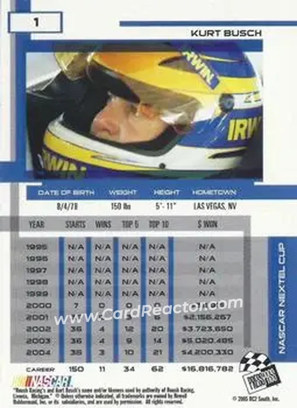 2005 Press Pass Eclipse #1a - Kurt Busch - Roush Racing - Back