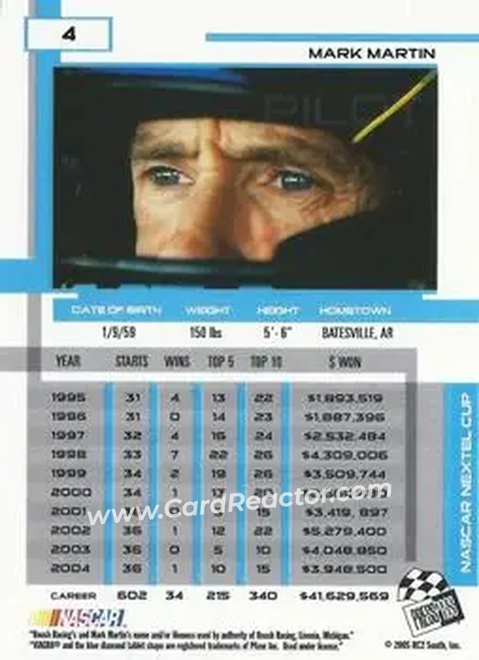 2005 Press Pass Eclipse #4 - Mark Martin - Roush Racing - Back