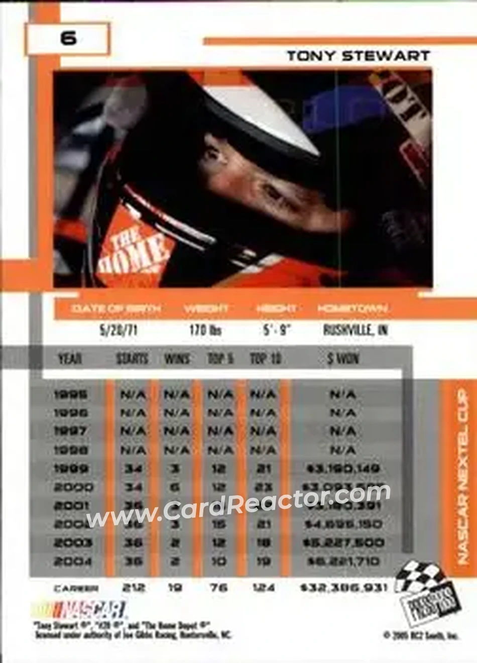 2005 Press Pass Eclipse #6 - Tony Stewart - Joe Gibbs Racing - Back 2005 Press Pass Eclipse #6 - Tony Stewart - Joe Gibbs Racing - Back