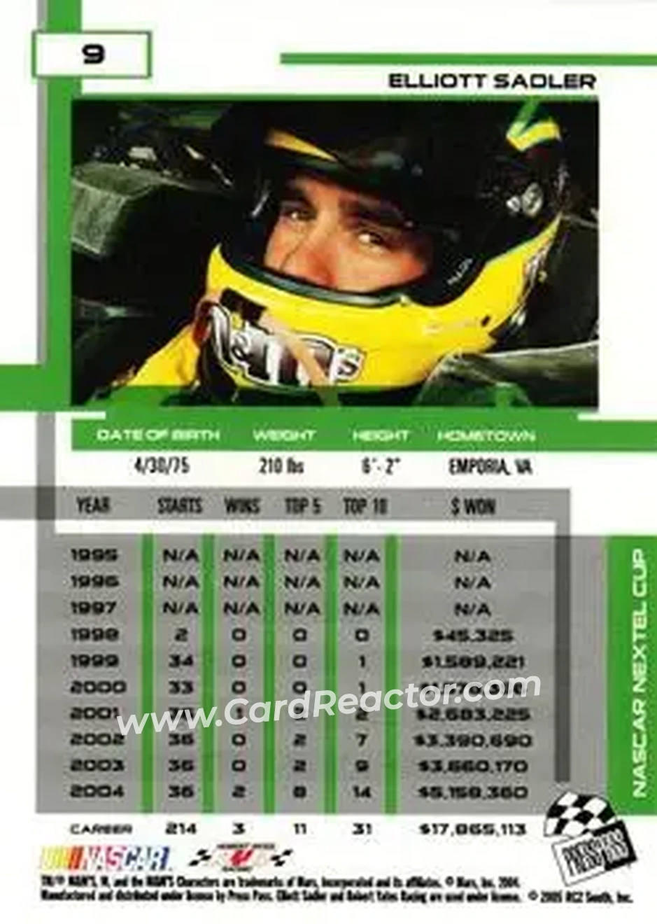 2005 Press Pass Eclipse #9 - Elliott Sadler - Robert Yates Racing - Back