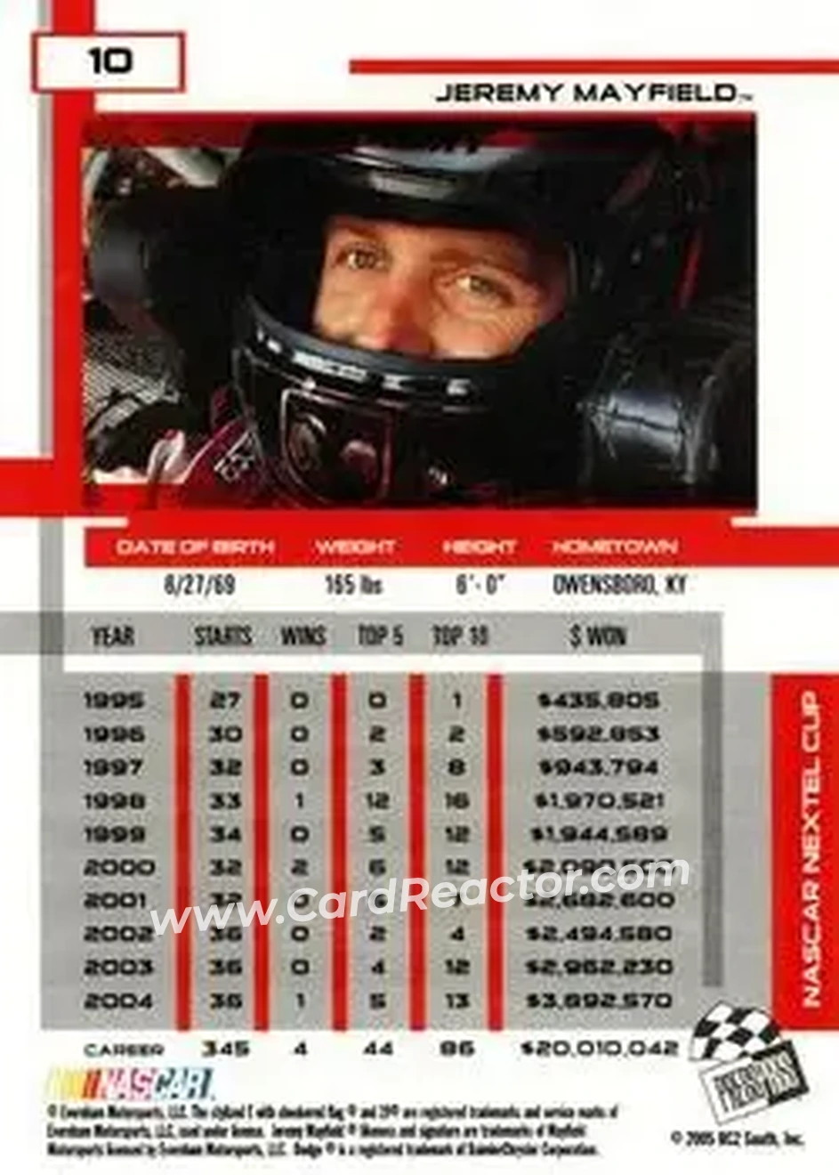 2005 Press Pass Eclipse #10 - Jeremy Mayfield - Evernham Motorsports - Back