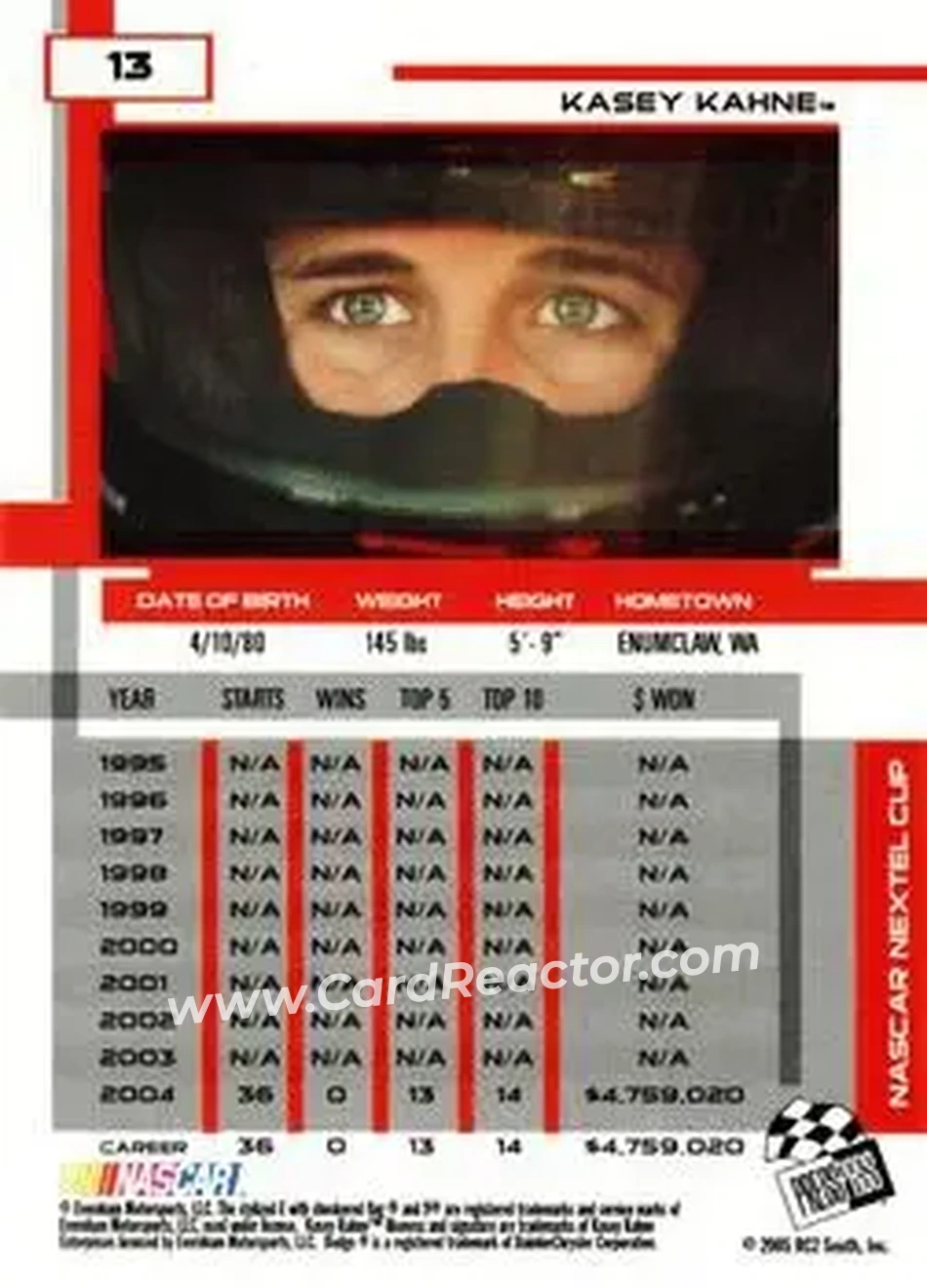 2005 Press Pass Eclipse #13 - Kasey Kahne - Evernham Motorsports - Back 2005 Press Pass Eclipse #13 - Kasey Kahne - Evernham Motorsports - Back