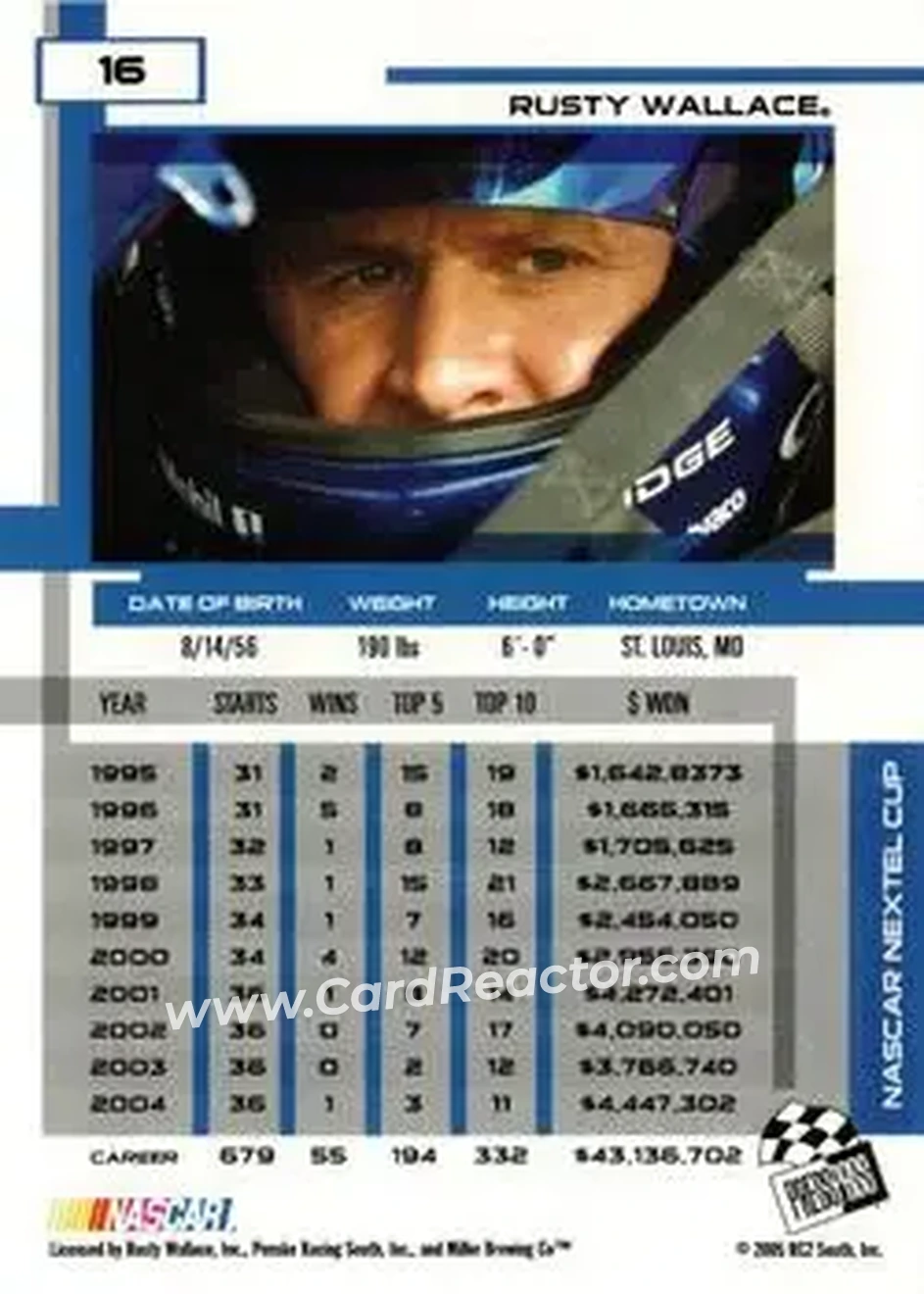 2005 Press Pass Eclipse #16 - Rusty Wallace - Penske Racing South - Back
