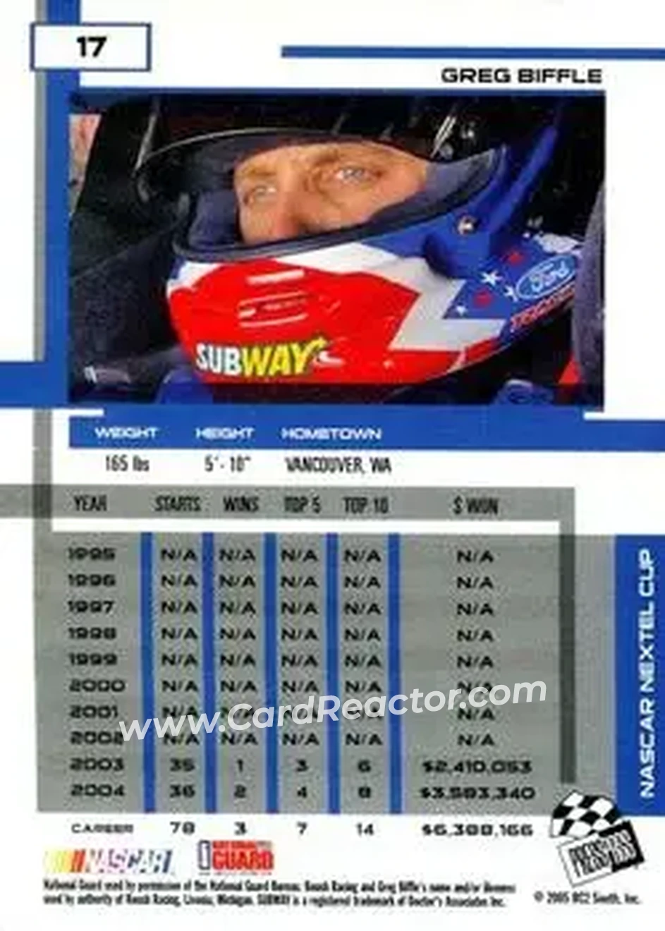 2005 Press Pass Eclipse #17 - Greg Biffle - Roush Racing - Back