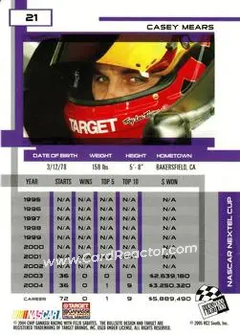 2005 Press Pass Eclipse #21 - Casey Mears - Chip Ganassi Racing with Felix Sabates - Back