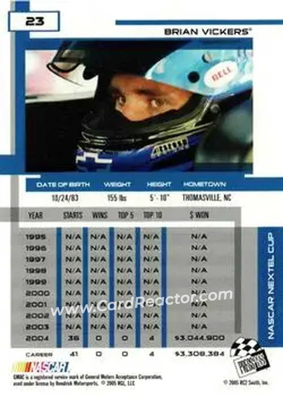 2005 Press Pass Eclipse #23 - Brian Vickers - Hendrick Motorsports - Back