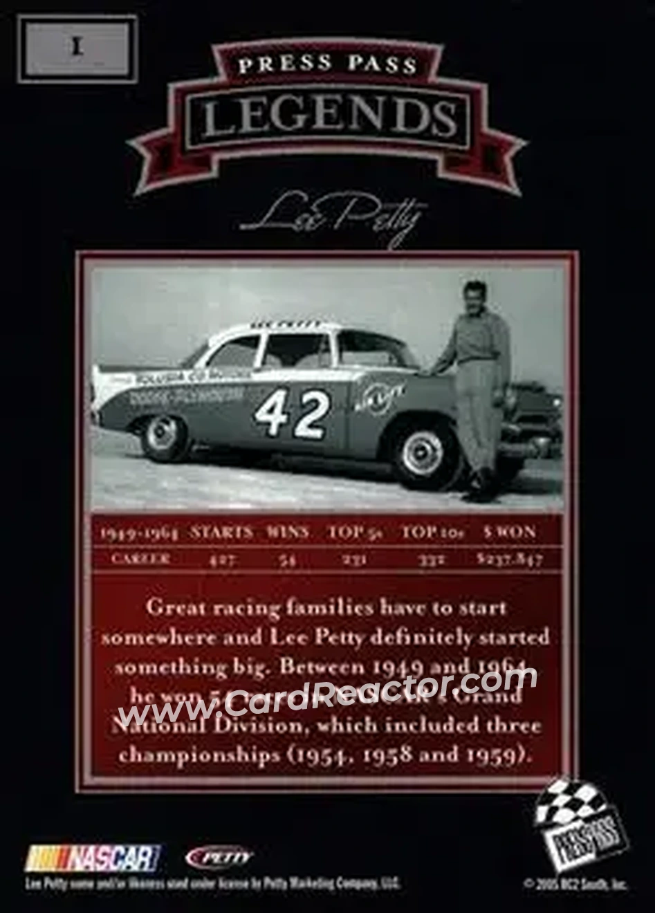 2005 Press Pass Legends #1 - Lee Petty - Petty Enterprises - Back