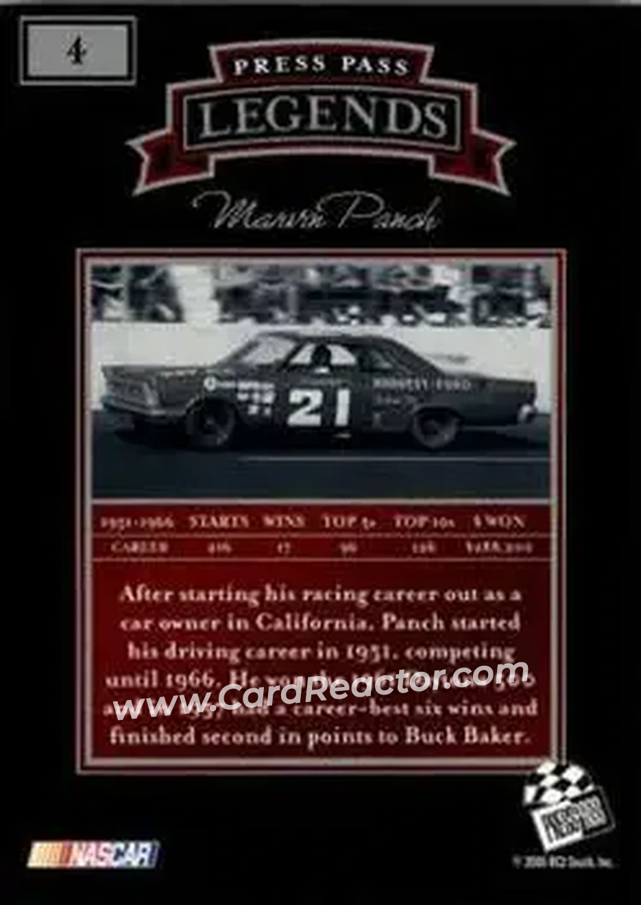 2005 Press Pass Legends #4 - Marvin Panch - Wood Brothers Racing - Back