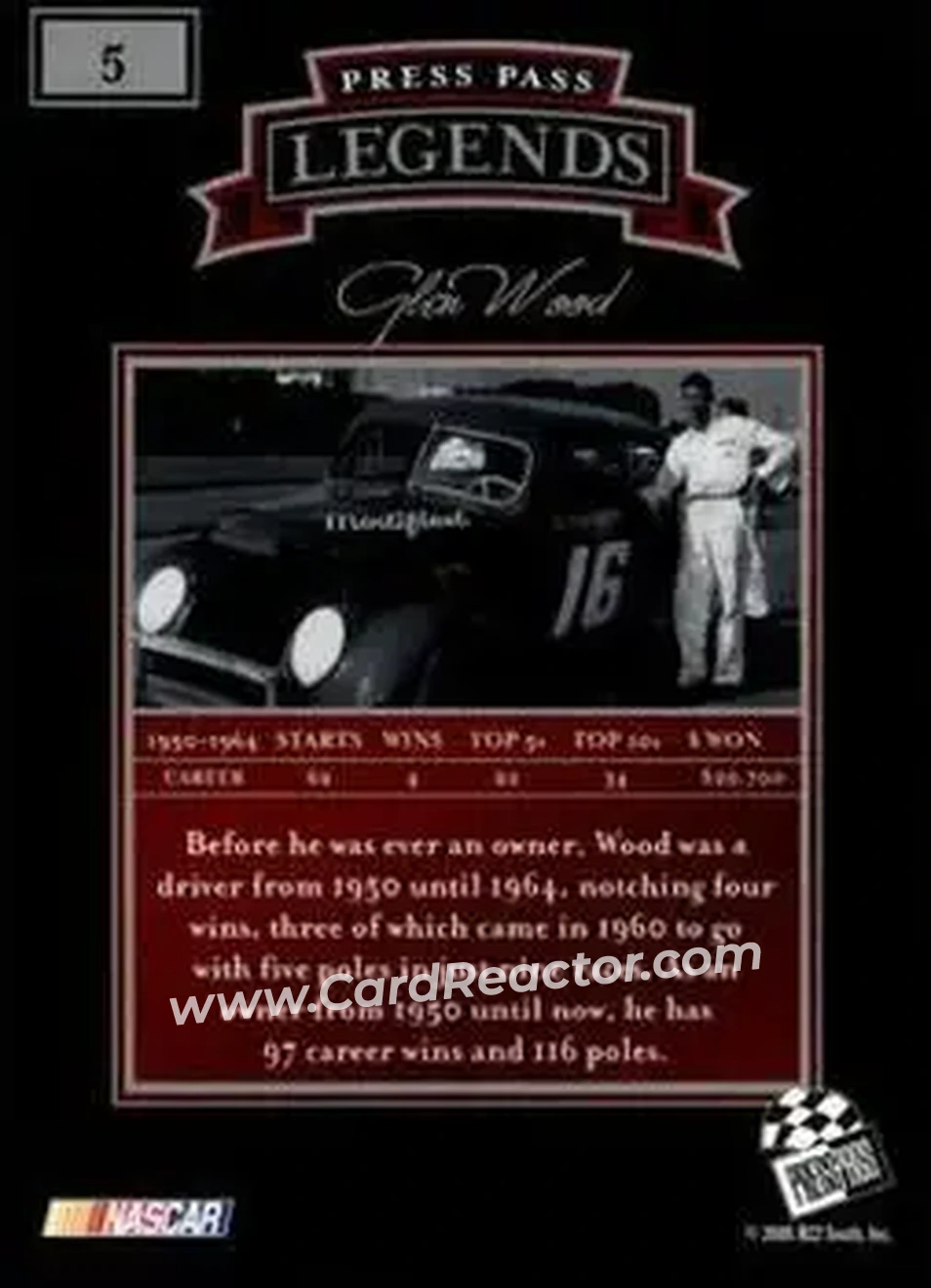 2005 Press Pass Legends #5 - Glen Wood - Wood Brothers Racing - Back 2005 Press Pass Legends #5 - Glen Wood - Wood Brothers Racing - Back