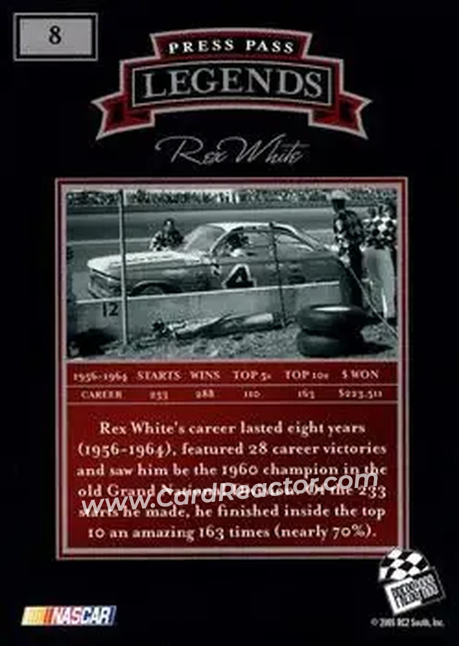 2005 Press Pass Legends #8 - Rex White - White-Clements Racing - Back 2005 Press Pass Legends #8 - Rex White - White-Clements Racing - Back
