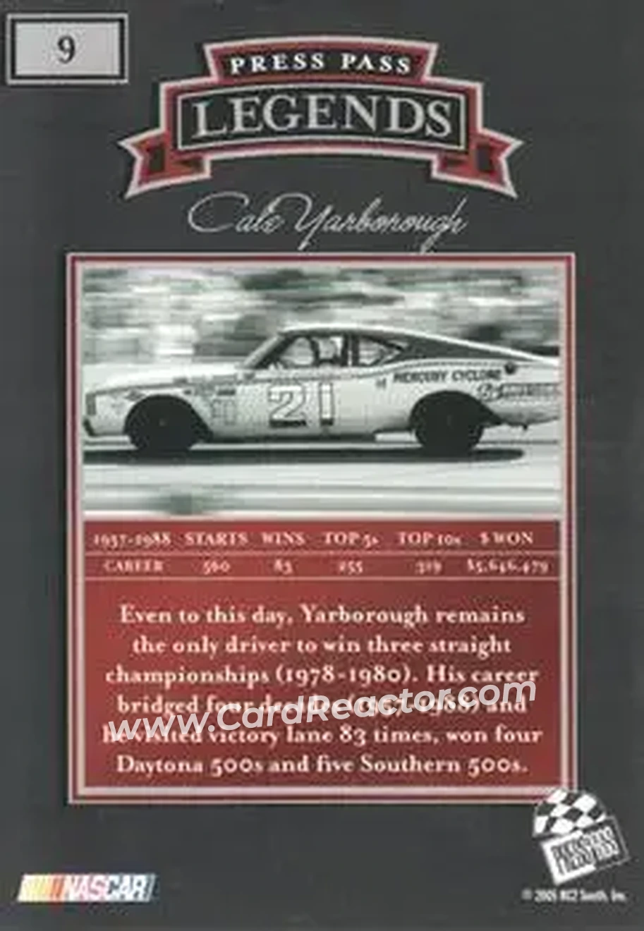 2005 Press Pass Legends #9 - Cale Yarborough - Wood Brothers Racing - Back