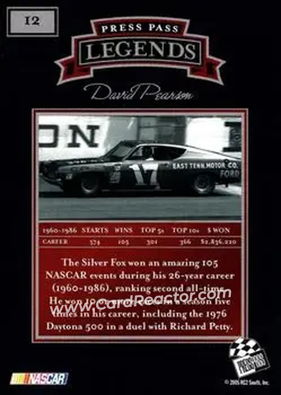 2005 Press Pass Legends #12 - David Pearson - Holman-Moody - Back