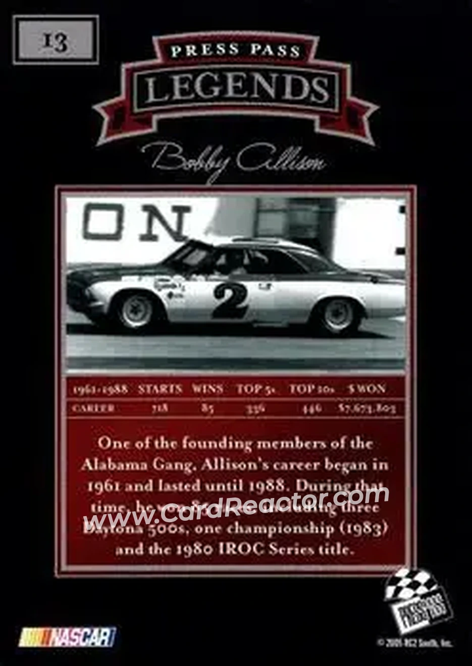 2005 Press Pass Legends #13 - Bobby Allison - J.D. Bracken - Back