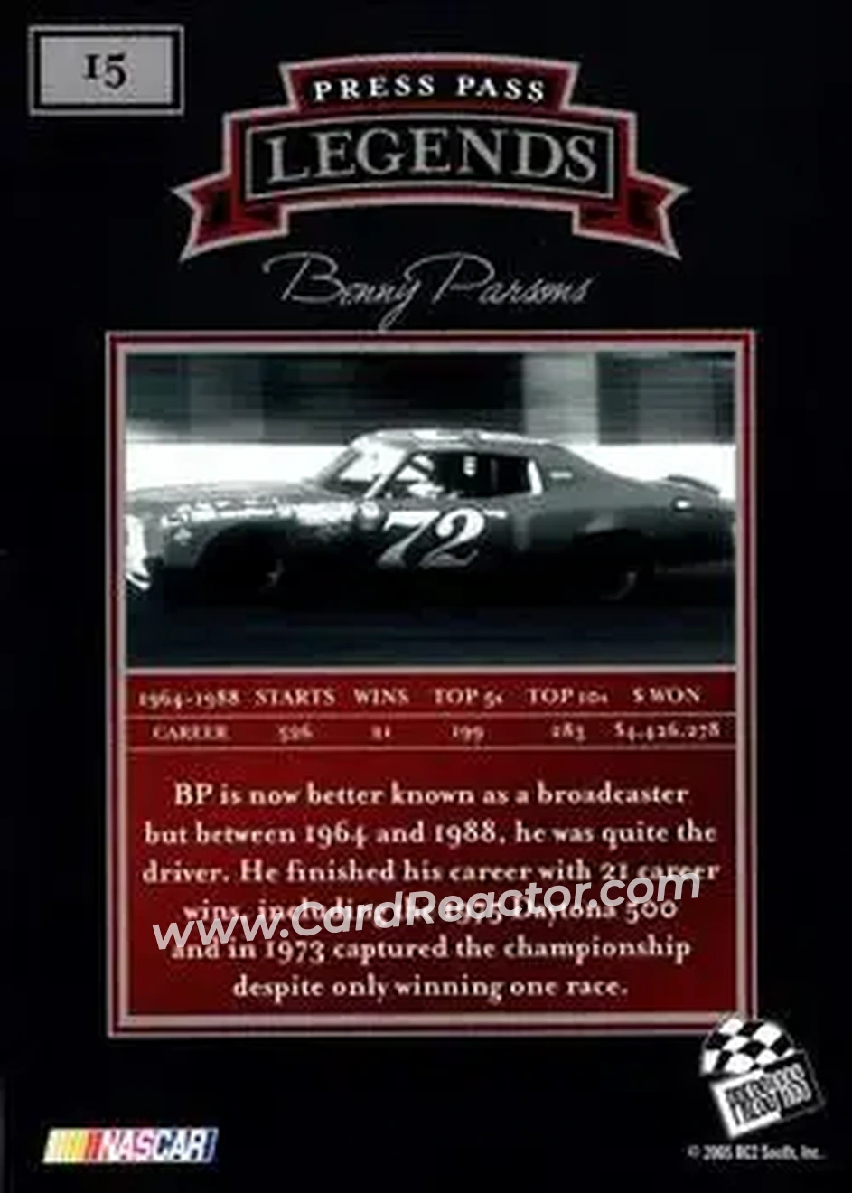 2005 Press Pass Legends #15 - Benny Parsons - DeWitt Racing - Back
