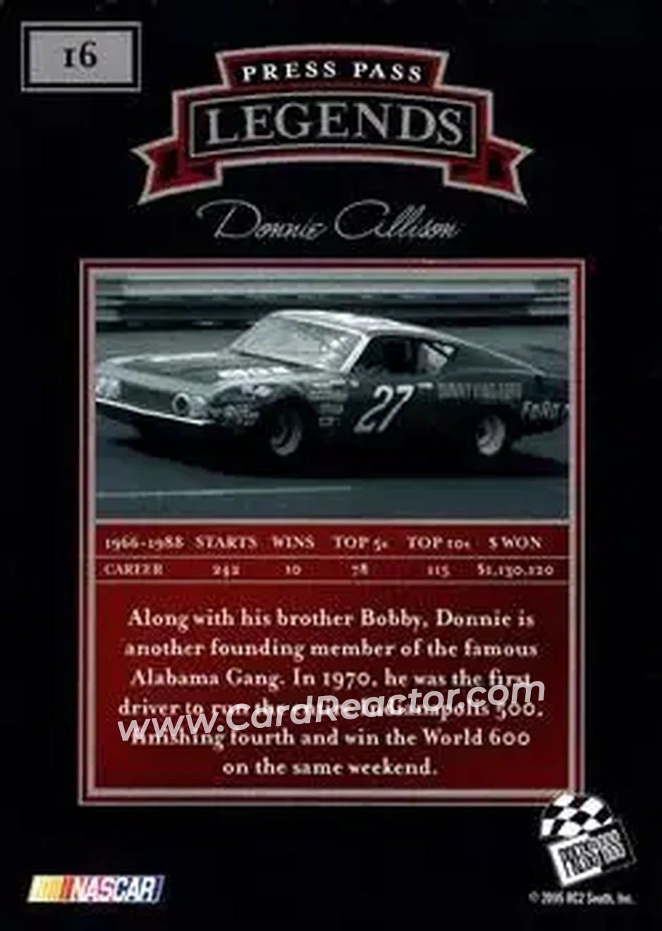 2005 Press Pass Legends #16 - Donnie Allison - Matthews Racing - Back