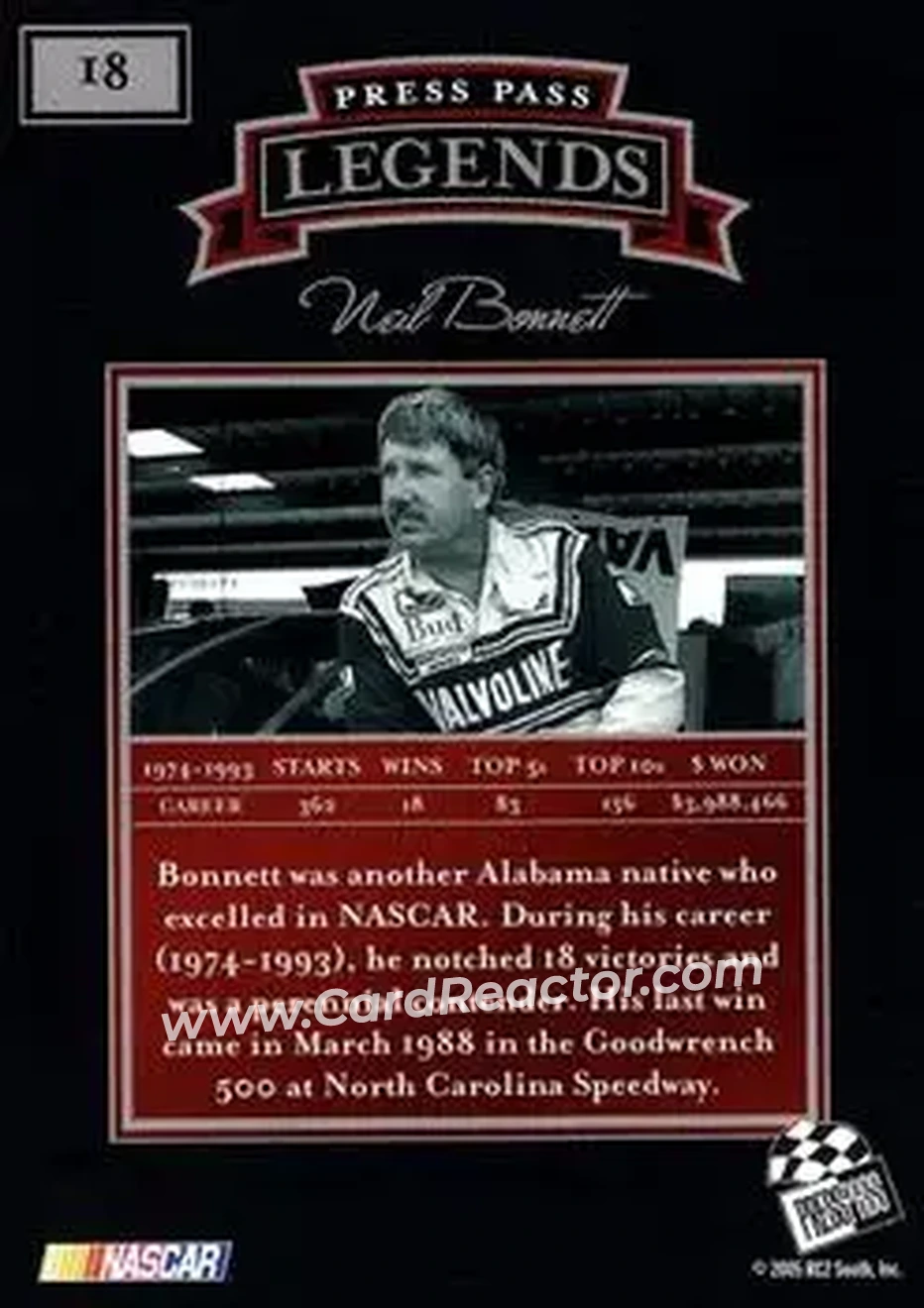 2005 Press Pass Legends #18 - Neil Bonnett - RahMoc Enterprises - Back