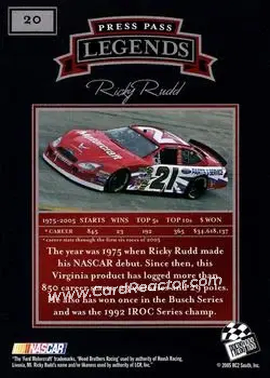 2005 Press Pass Legends #20 - Ricky Rudd - Wood Brothers Racing - Back