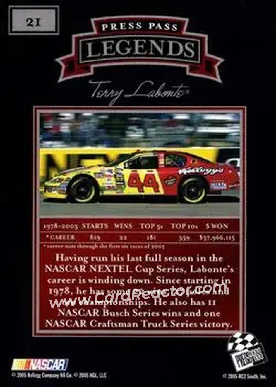 2005 Press Pass Legends #21 - Terry Labonte - Hendrick Motorsports - Back 2005 Press Pass Legends #21 - Terry Labonte - Hendrick Motorsports - Back